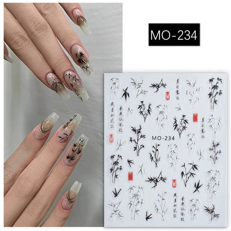 5d em relevo chinês preto ouro bambu folhas decalques da arte do prego adesivos para unhas arte manicure dicas decorações