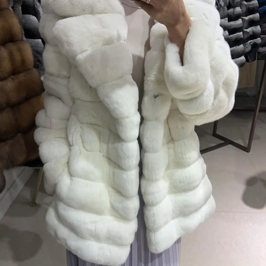 Real Fur Coats Womens White Fur Coat With Turndown Collar Rabbit Fur Jackets White Natural Fur Coats Womens