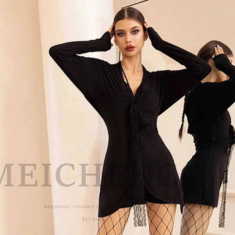 

Latin Dance Clothes Female Adult Black Lace Long Sleeves Shirts Cardigan Cha Cha Rumba Samba Dance Dress Practice Wear DNV19197