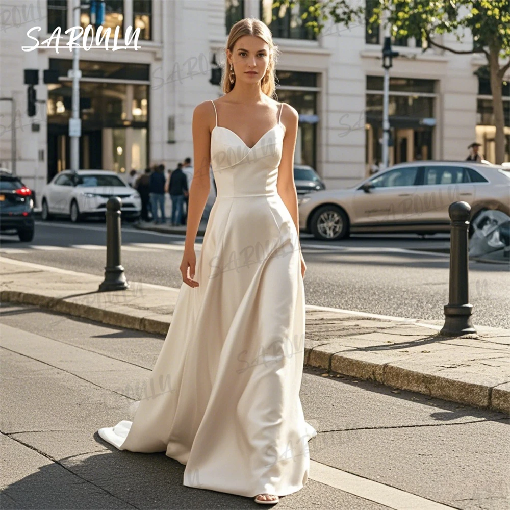 Simple Sheath Long Wedding Dress, Spaghetti Straps, Customized Satin Bride Dresses with Sweep Train Modern Chic Bridal Gown