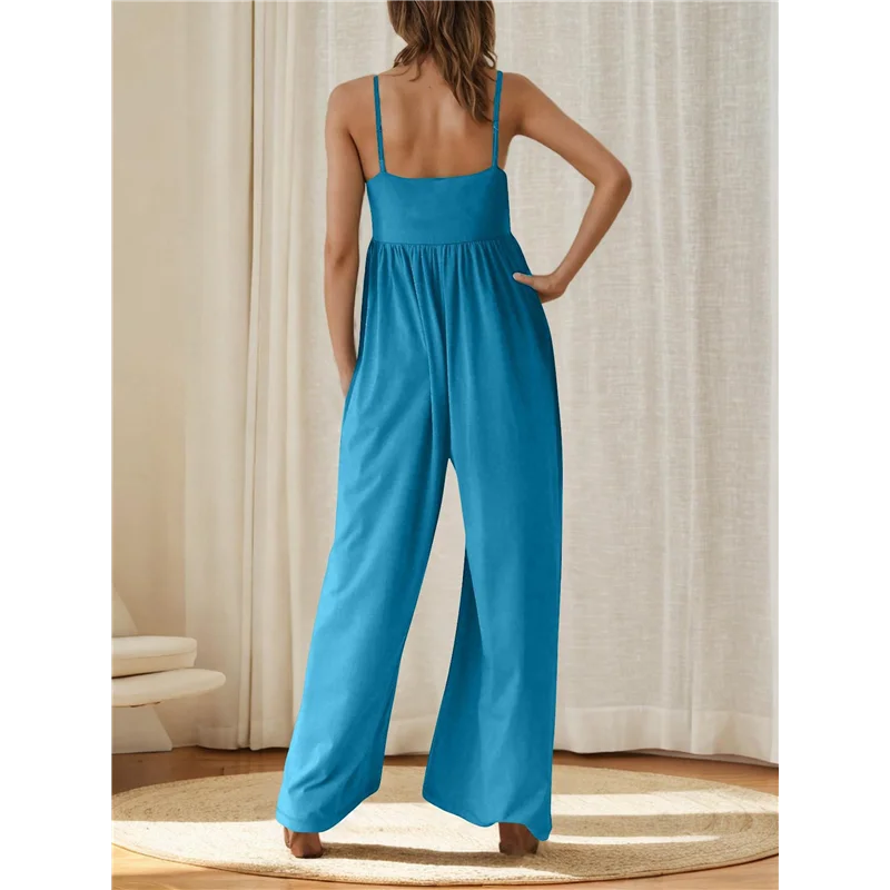 CYL-جمبسوت للنساء بحزام سباغيتي واسع الساق وزرة صيفية مع جيوب