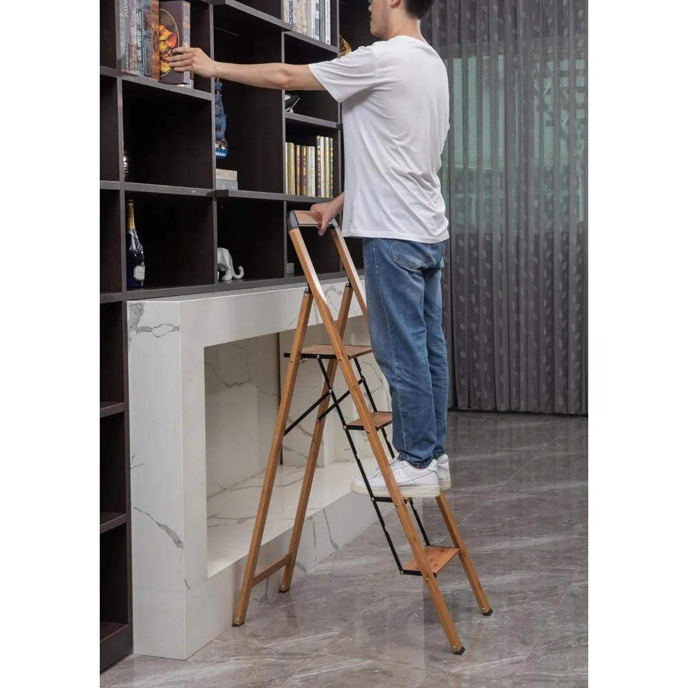 Tangga Lipat Aluminium 4 Langkah dengan Finishing Kayu, Pedal Lebar, Anti-Selip, Portabel, Kokoh untuk Rumah & Dapur Kantor.