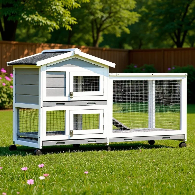 Wooden Rectangular Rabbit Cage TY-P1252 – Removable Tray, All-Season Indoor/Outdoor, Movable Design