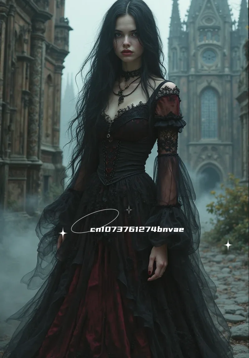

Long Sleeves Gothic Wedding Dress Seep Train Burgundy And Black Vinatge Tulle Bridal Gown Lace Details Beading Customized
