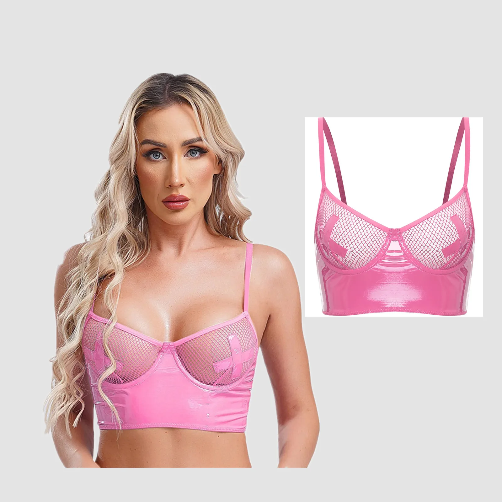 

Womens Sexy Push Up Bustier Balconette See Through Mesh Underwire Back Zipper Lingerie Bra Crop Top Bustier Wet Look Clubwear