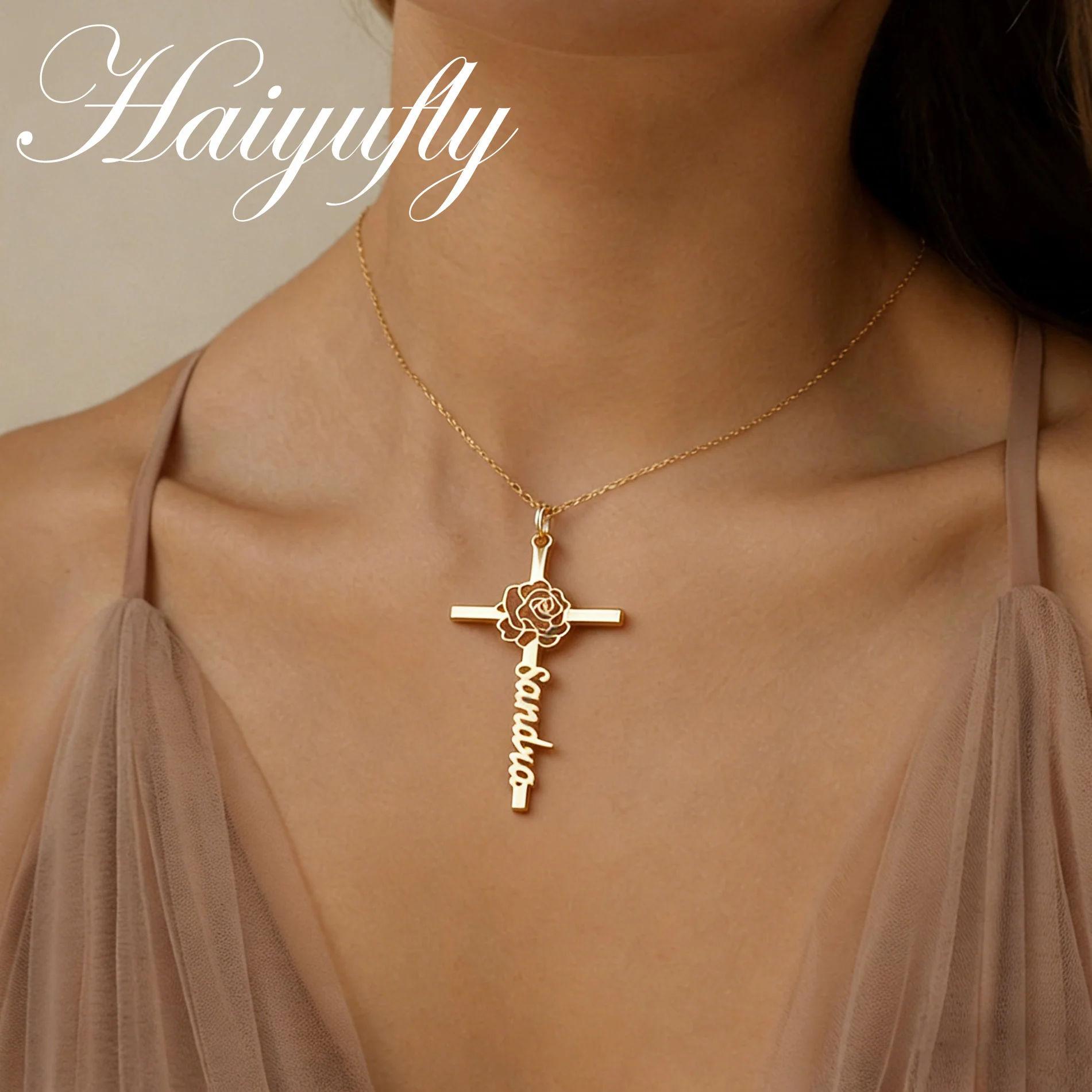 

Ожерелье Haiyufly с именем на заказ для женщин, с цветком рождения и крестом, цепочка-чокер из нержавеющей стали, персонализированный подарок на день рождения