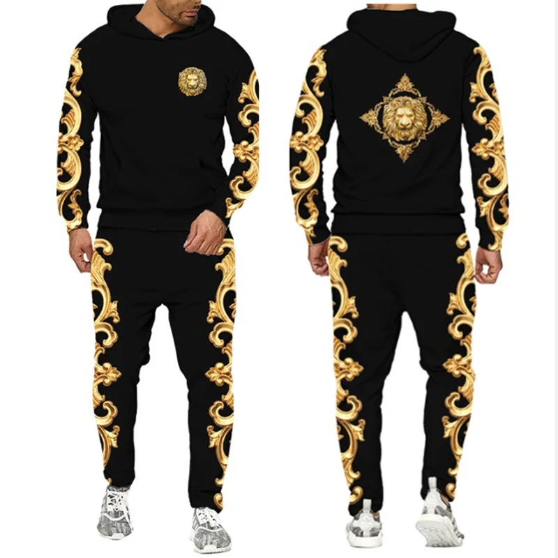 Baroque Court Style Hoodie/Suit Men\'s Luxury Golden Flower 3D Printed Sweatshirt&Trousers Set Fashion Unisex Streetwear Clothing