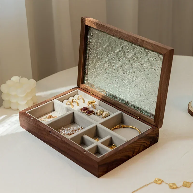 صندوق تخزين مجوهرات مصنوع يدويًا من الخشب المصمت ، صندوق تخزين أقراط وقلادات ، صندوق جوز أسود ، راقي راقي ، جديد ، #5