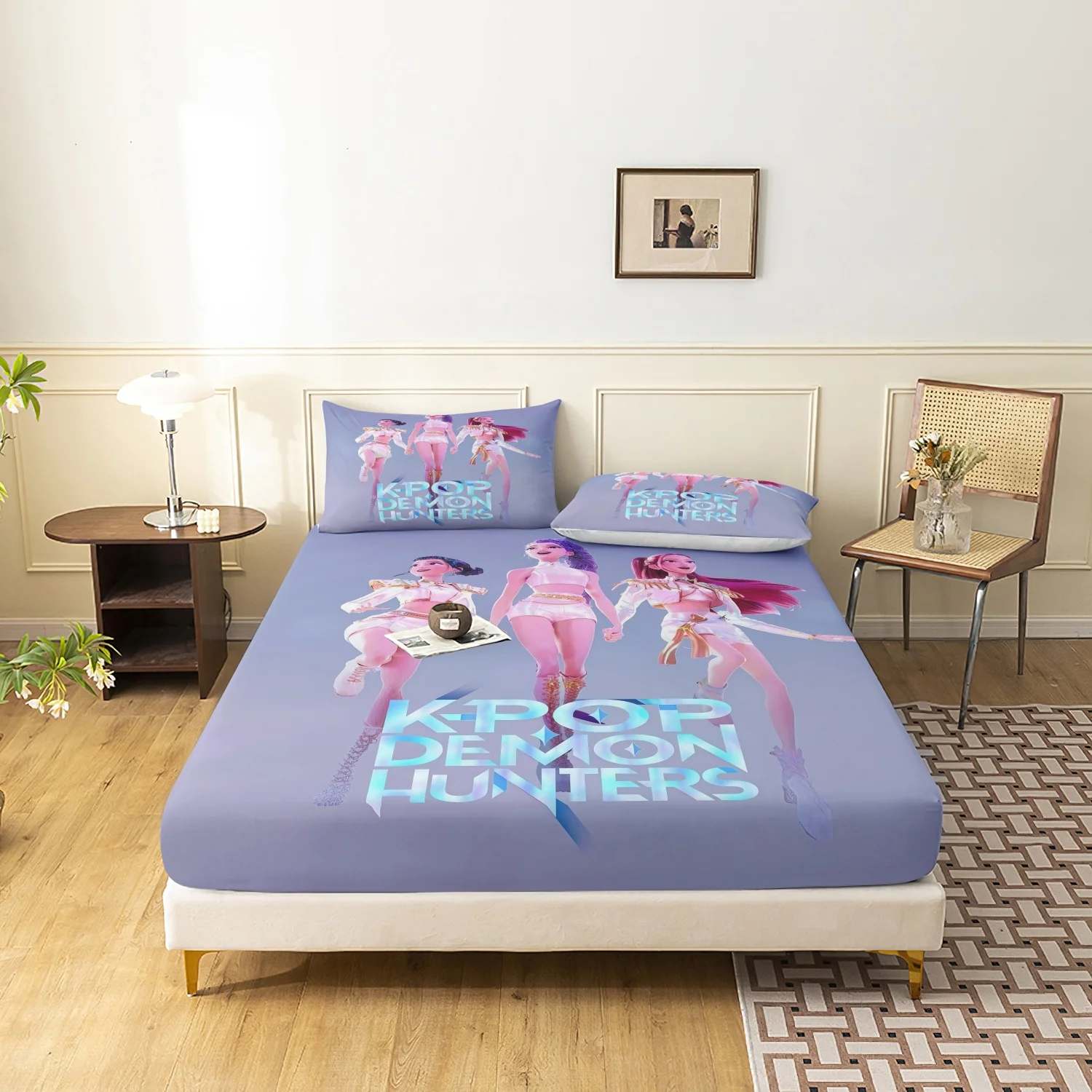 مجموعة ملاءات مكونة من 3 قطع من K-Pop Demon Hunters، ورقة واحدة مجهزة و2 كيس وسادة، نسيج ناعم مسامي، شخصيات كرتونية،
