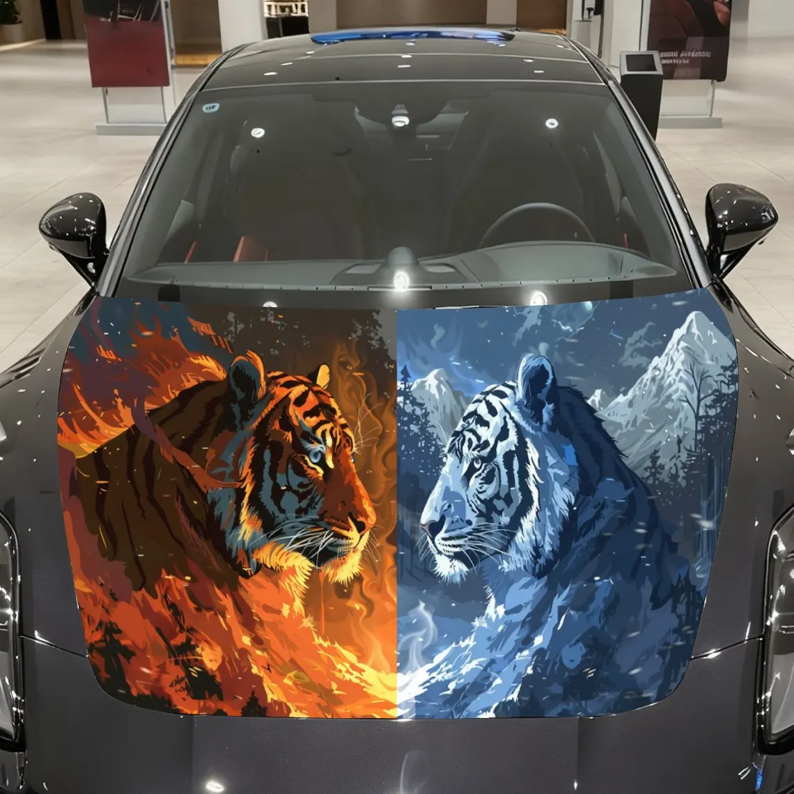 

Dual Element Tiger Auto Cover Sticker, Waterproof and Self-adhesive Car Hood Decal, Auto Vinyl Wraps, Cool Car Exterior Decal, H