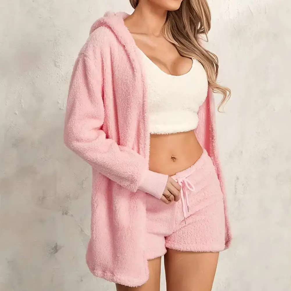 Women Pajama Set Cozy Plush Women's Winter Outfit Set Hooded Jacket Elastic Waist Shorts Warm Homewear Clothes for Fall Season