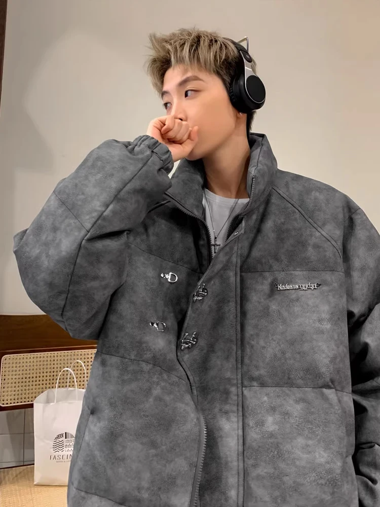 معطف رجالي من Thiened Warmth مصنوع من جلد البولي يوريثان الأمريكي القديم من القطن Jaet Winter High Street Vibe Metal Bule أسفل معطف بياقة واقفة #3