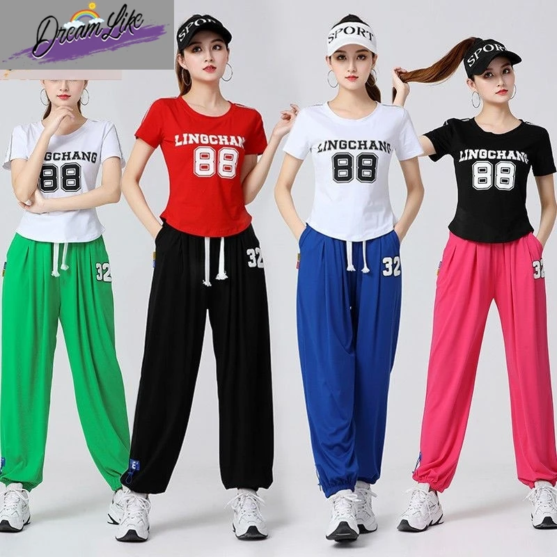 

New Square Dance Fitn Clothes Lantern Pants Slimming Exercise Suit Cotton Blend Tee-acetate Fiber Women's Faion