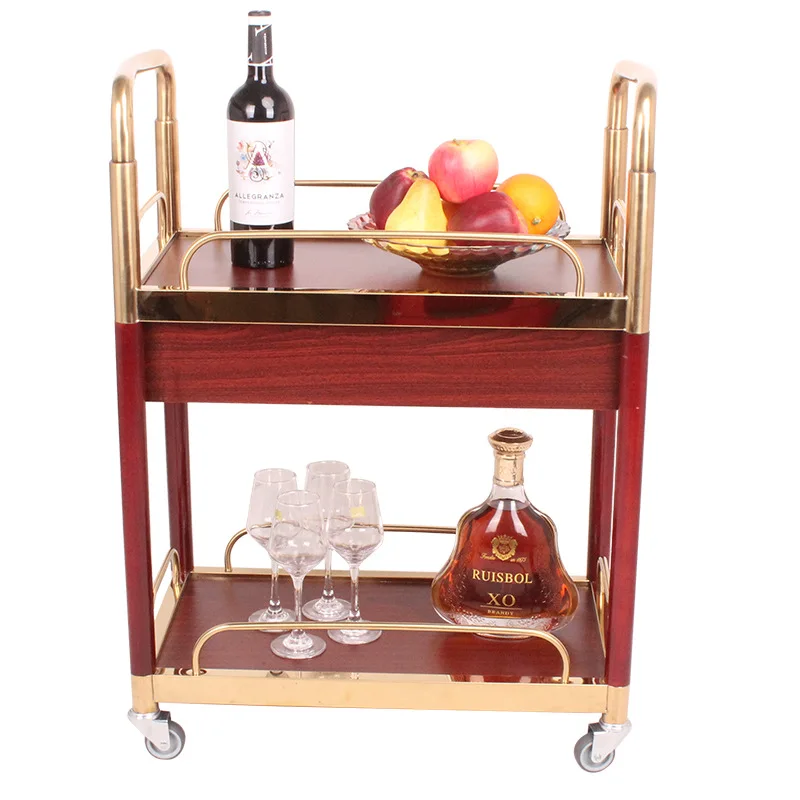 Hotel Restaurant Double Layer Stainless Steel Wine Cart with Drawer 4S Shop Tea Dim Sum Snack KTV Push Service Cart