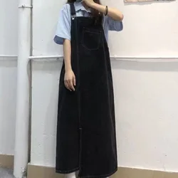 New Solid Black Denim Strap Dress Korean Fashion Dresses For Women Sleeveless Sweet Slash Neck Beach Style Loose Summer Clothing