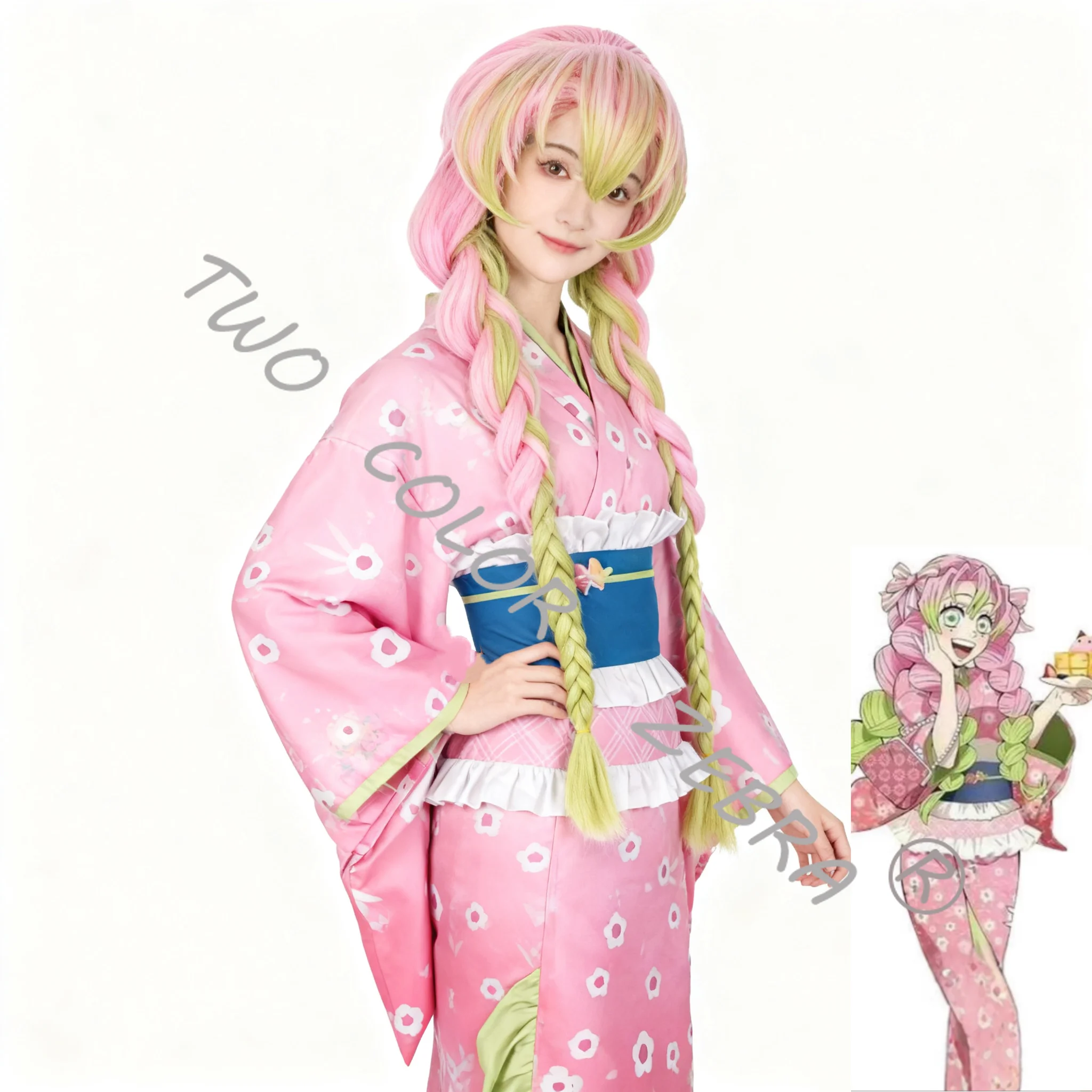 Kanroji Mitsuri 코스프레 의상 가발 핑크 기모노 드레스 복장 할로윈 파티 역할 놀이 여성 의류 세트