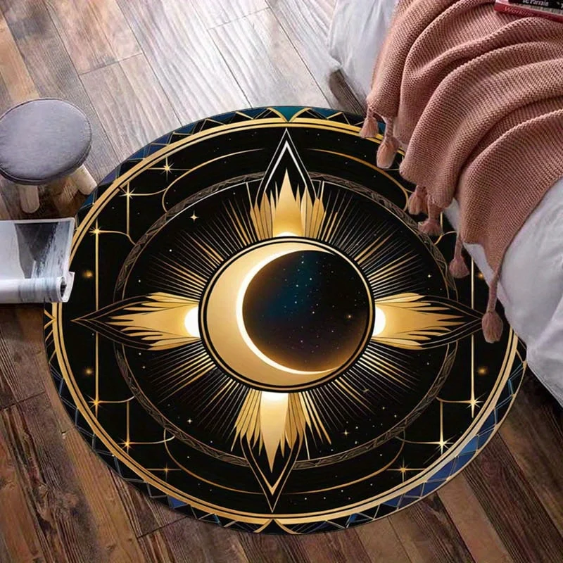 Sun moon eclipse celestial design round rug crystal velvet floor mat golden black cosmic art home decor anti slip carpet bedroom