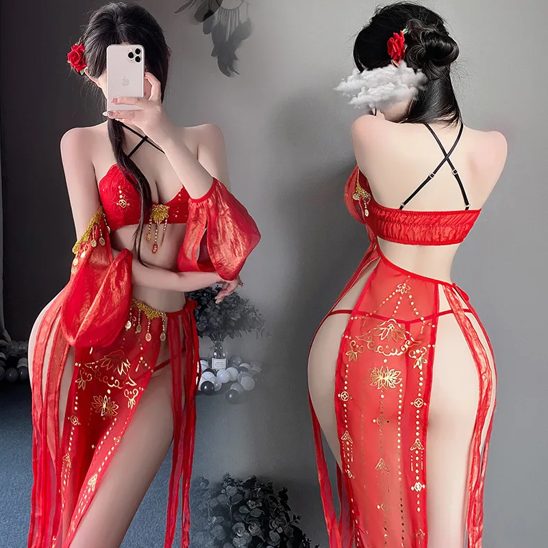 Tang Dynasty, China Sexy Cosplay Costumes Erotic Dresses See-through Bar Party Uniform Red Chinese Antique-Style Hanfu Lingerie