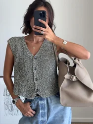 Fashion Solid V Neck Knitted Vest Women Casual Sleeveless Single-breasted Thin Vests 2024 Summer New Female Commuting Streetwear