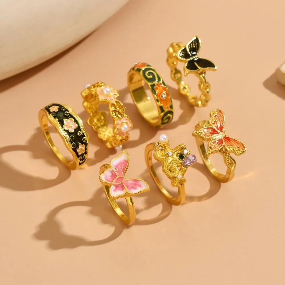 

7Pcs/Set Butterfly Flower Ring Set Camellia Flower Dripping Oil Enamel Finger Rings Glaze Korean Style Irregular Rings Girls