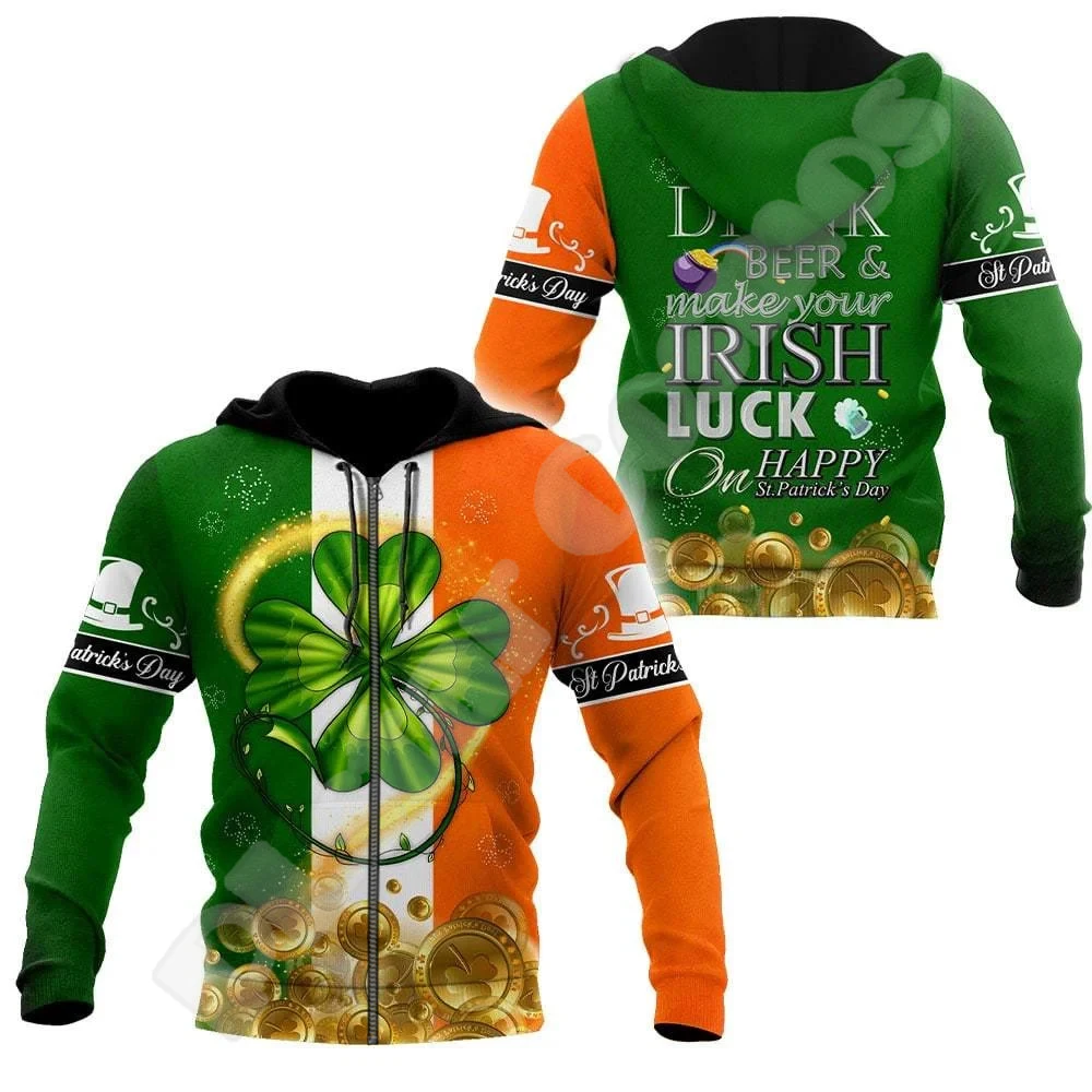 NewFashion Country Flag Ireland Clover Irish St.Patrick Tattoo Vintage 3DPrint Pullover Funny Harajuku Casual Jacket Hoodies X24