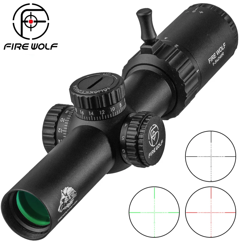 FIRE WOLF 1-5X24 IR Scope Tactical Rifle Wide Angle Airsoft Riflescope Hunting Optics Shooting Gun Sight Red Green Light Reticle