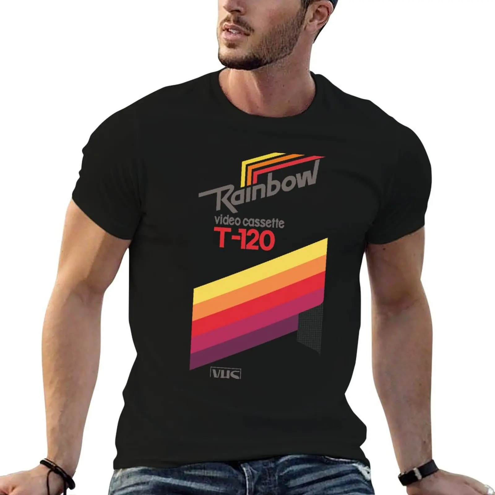 Camiseta VHS Rainbow T-120 masculina, camiseta de anime, camisetas oversized, camiseta preta de algodão lisa para homem, pacote de camisetas.