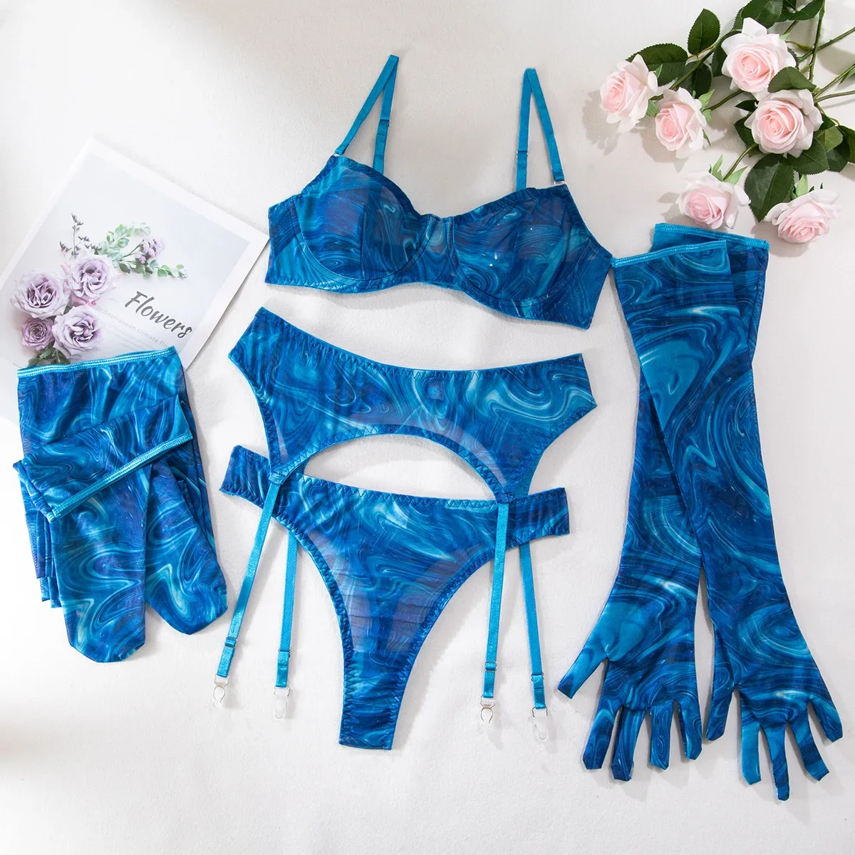 

Sexy Perspective Breast Gather Printed Lingerie Set with Gloves Leg Set for Women's Five Piece Set Female Fun Bra & Brief Sets