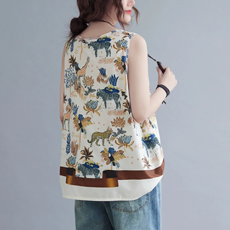 Groot formaat katoenen linnen bedrukt vest Svel V-Ne buikverhullende anti-aging basis irt losse pasvorm zomertop voor plus S...