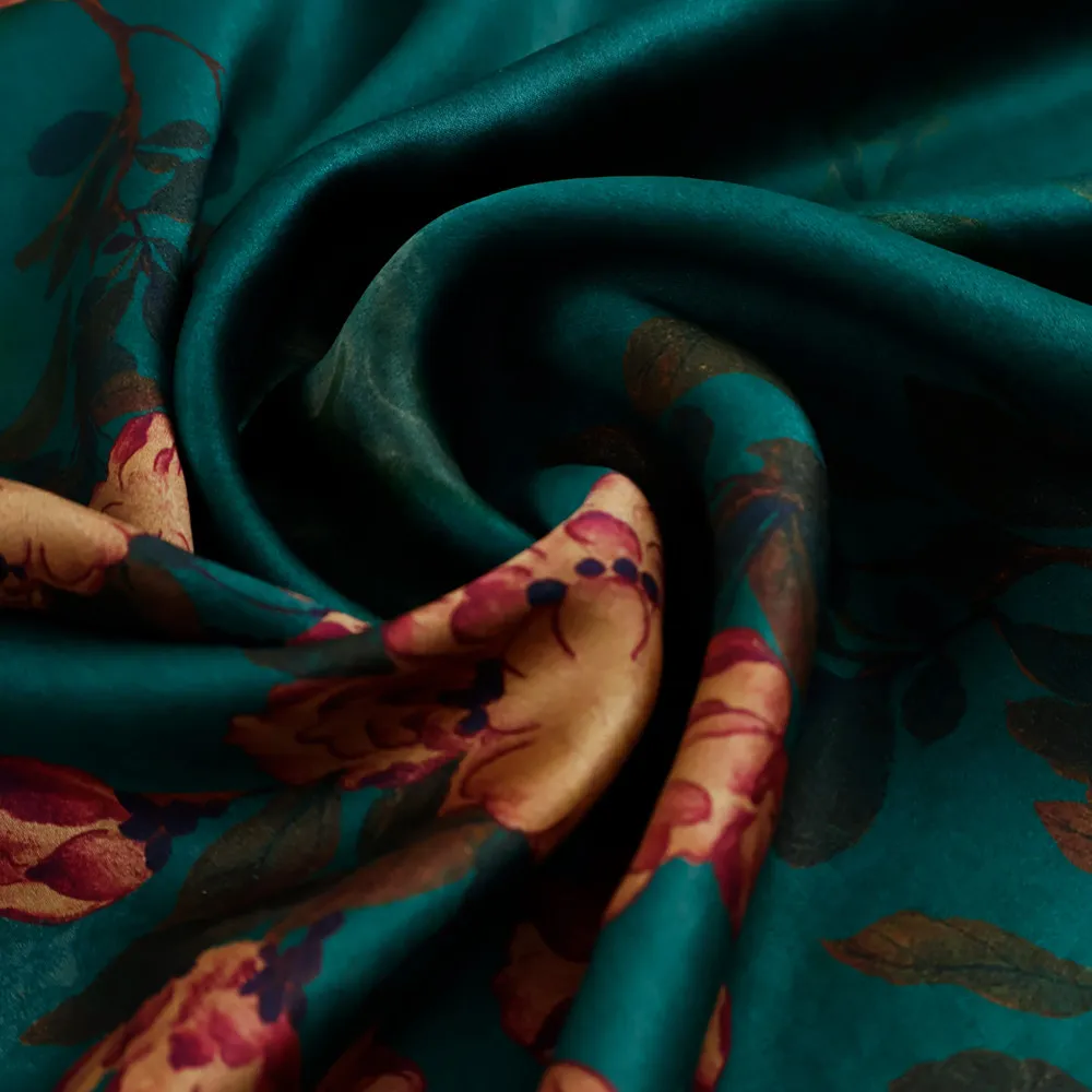 23 Momme National Style Blue Green Printed Silk Satin Gambiered Guangdong Silk Cloth Dress Cheongsam Fabric