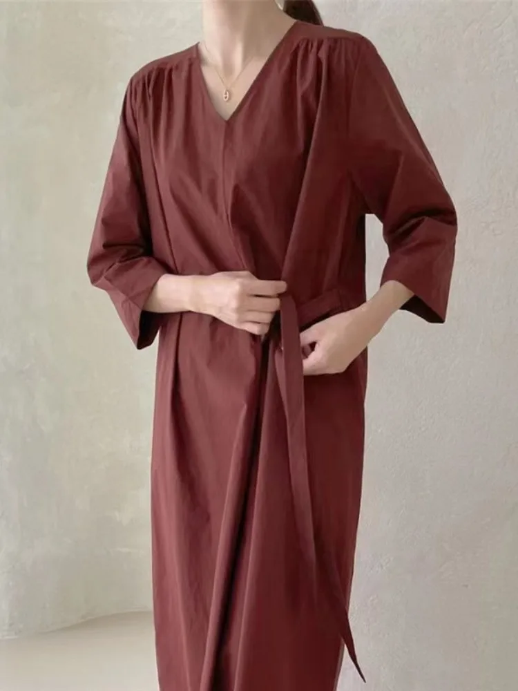 Chique losse afslankende zevenkwart Sve Dr dames lente V-Ne stropdas casual irt lange Dr Koreaanse Sle vrijetijdskleding