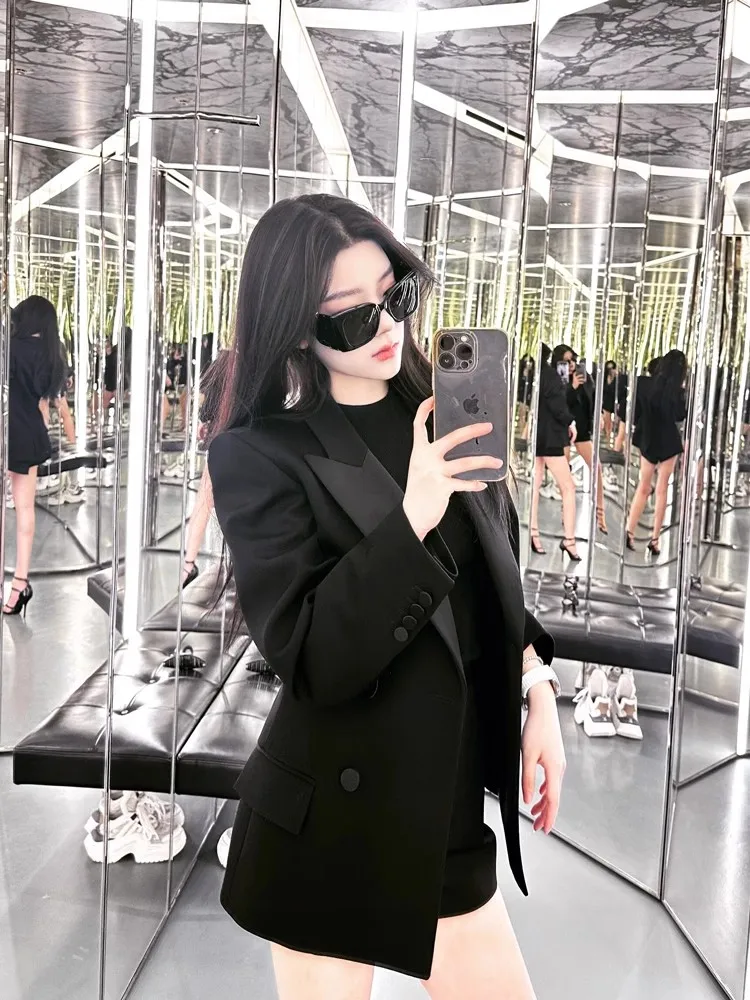 

Black Suit Jacket Women's Casual Commute Style Polyester Fiber Long Sleeve Double Button Pure Color Straight Cut Suit Top