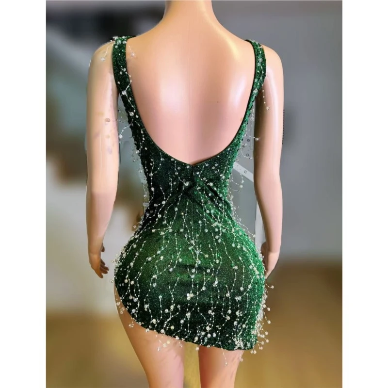 Robe de soirée pour femmes, perles vertes, pour fête, Festivals, Costume de chanteur, robes latines, Bar, Club, spectacle sur scène, Rave