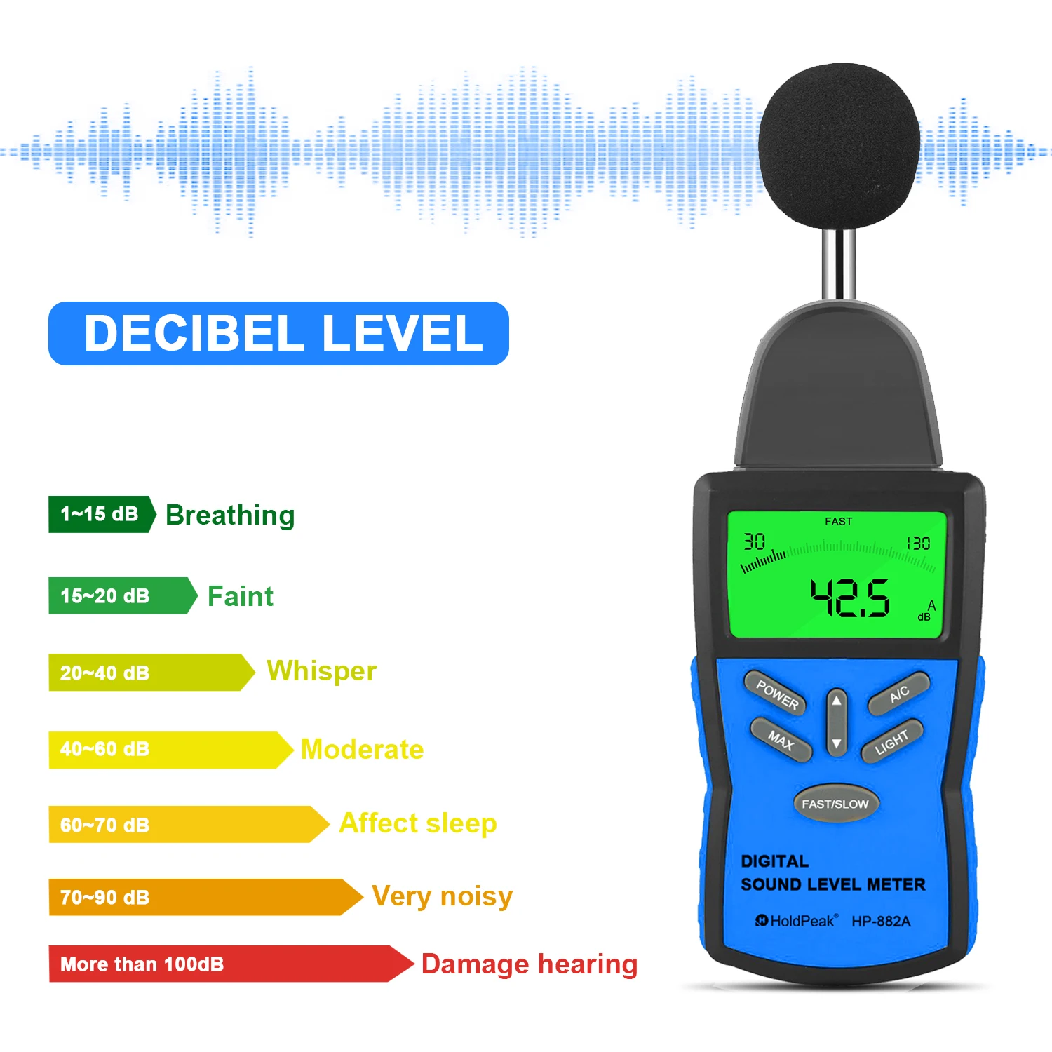 

Precision Sound Level Meter, Digital Decibel Tester for 30~130 dB Noise Volume Measurement with A/C Fast/Slow Weighting HP-882A