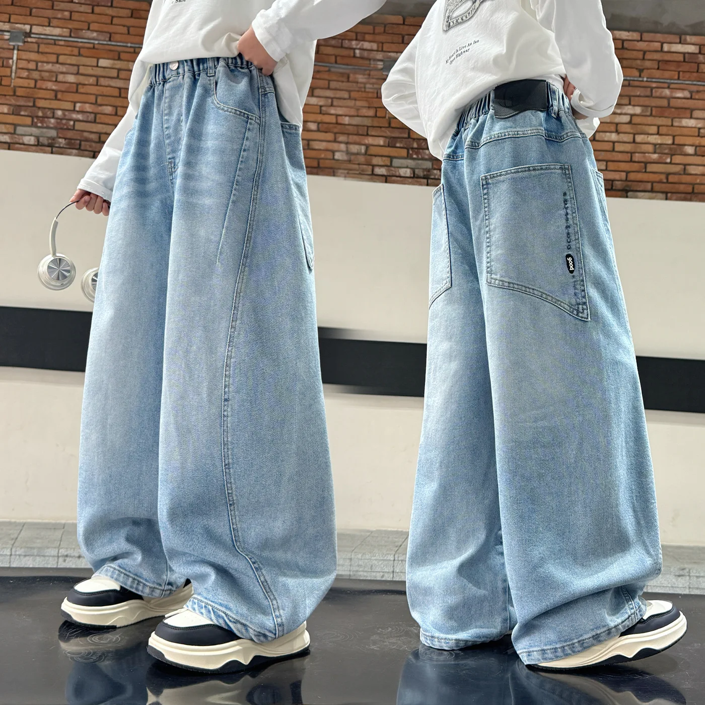 2026 Spring Autumn Boys Jeans Side Pocket Polished letter Children Denim Pants Elastic Waist Casual Kids Boys Trousers