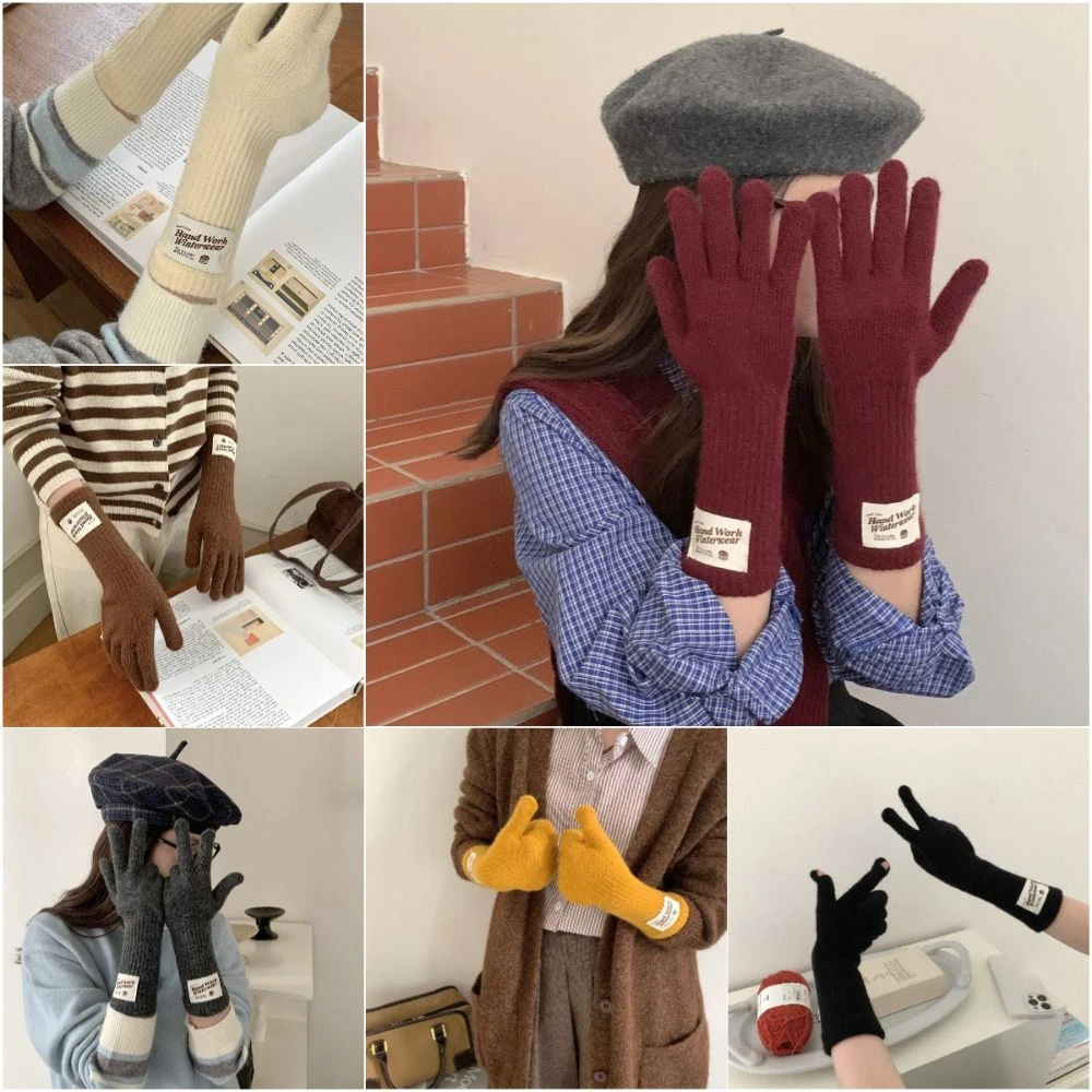 Fashion Touch Screen Knitted Gloves Striped Finger Thermal Riding Gloves Solid Color Warm Knitted Woolen Gloves Women
