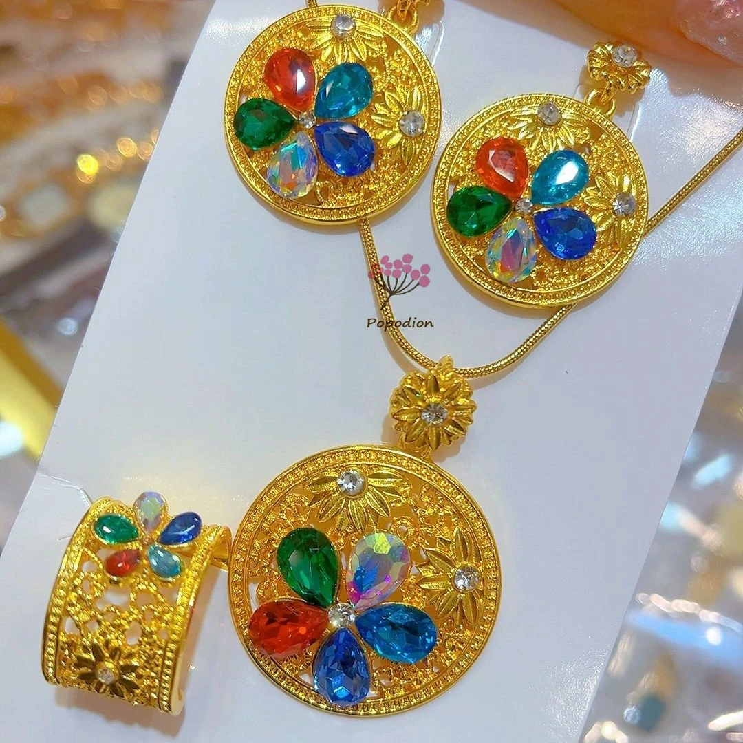 

New Dubai 24K Gold Plated Necklace Earrings and Rings for Women's Wedding Party Jewelry Set DD10455