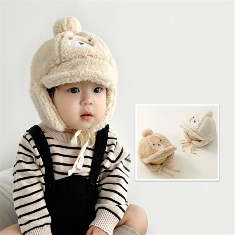 Lovely Winter Cartoon Earflap Hat Cosy Plush Baby Leifeng Hat Warm Bonnet Caps with Chin Ties for Boys Girls Age 3-24Months