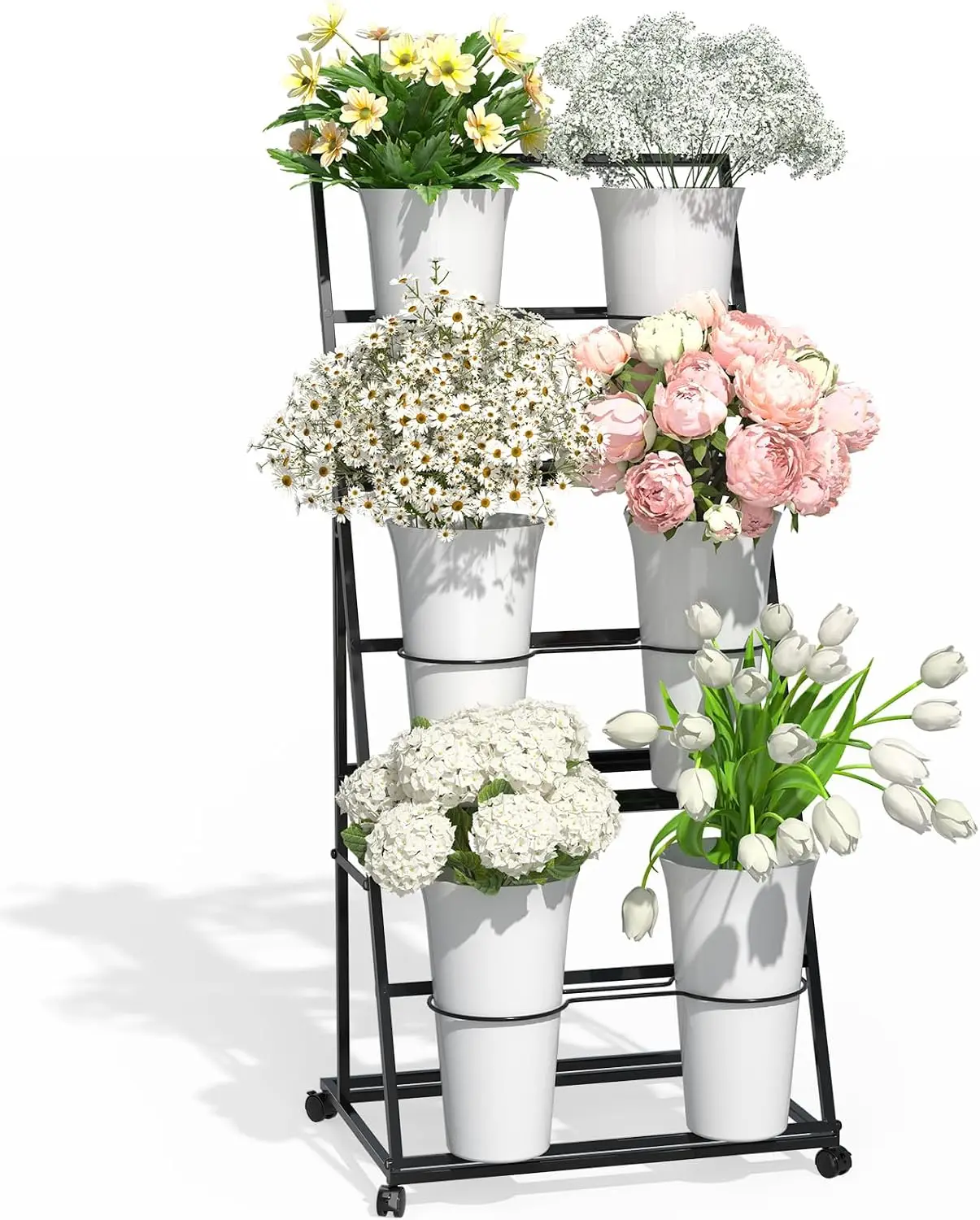 Heavy Duty Flower Display Stand Metal Plant Holder Shelf Moving Flower Cart Bucket Rack Mobile Storage Organizer Shelf Outdoor Garden Patio Florist Living Room Black
