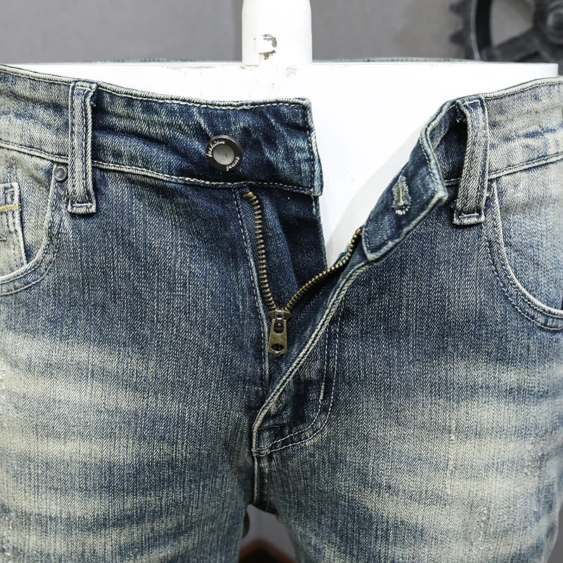 Fashion Vintage Men Jeans Retro Washed Blue Stretch Slim Fit Ripped Jeans Men Embroidery Patched Designer Denim Pants Hombre