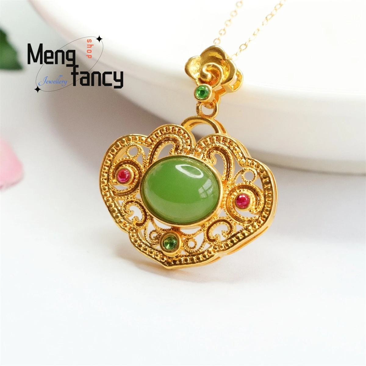 Natural 18k Gold Inlaid Hetian Jasper Ruyi Necklace Simple Elegant Personalized Fashion Versatile Exquisite Women Luxury Jewelry