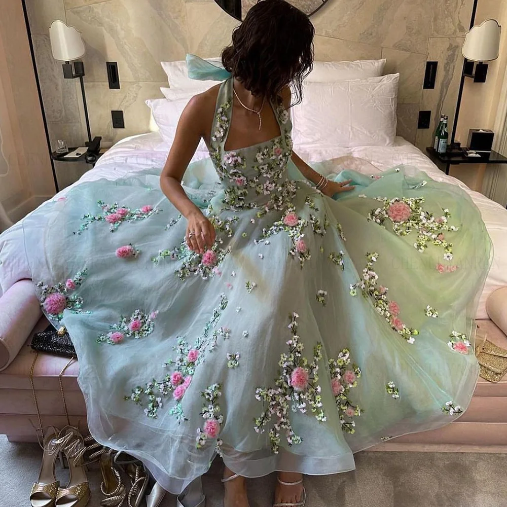 Halter Tulle Formal Occasion Dresses 2023 Sleeveless A-line Party Dress Tea-Length Spring Applique Evening Gowns فساتين حفلات