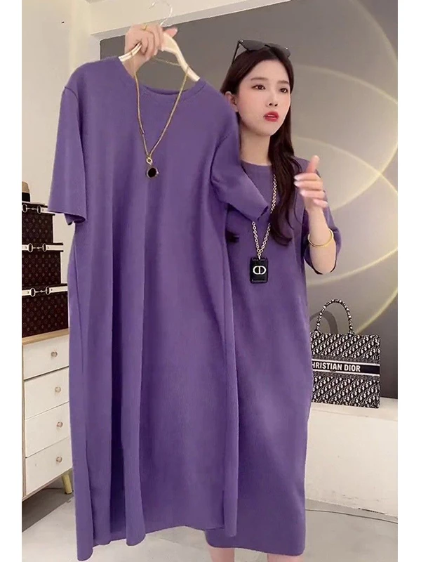 

plus Size 300 Pounds Women's Purple Draping Knee-Length round Neck Long Dress Summer Casual Dress Comfortable Breathable