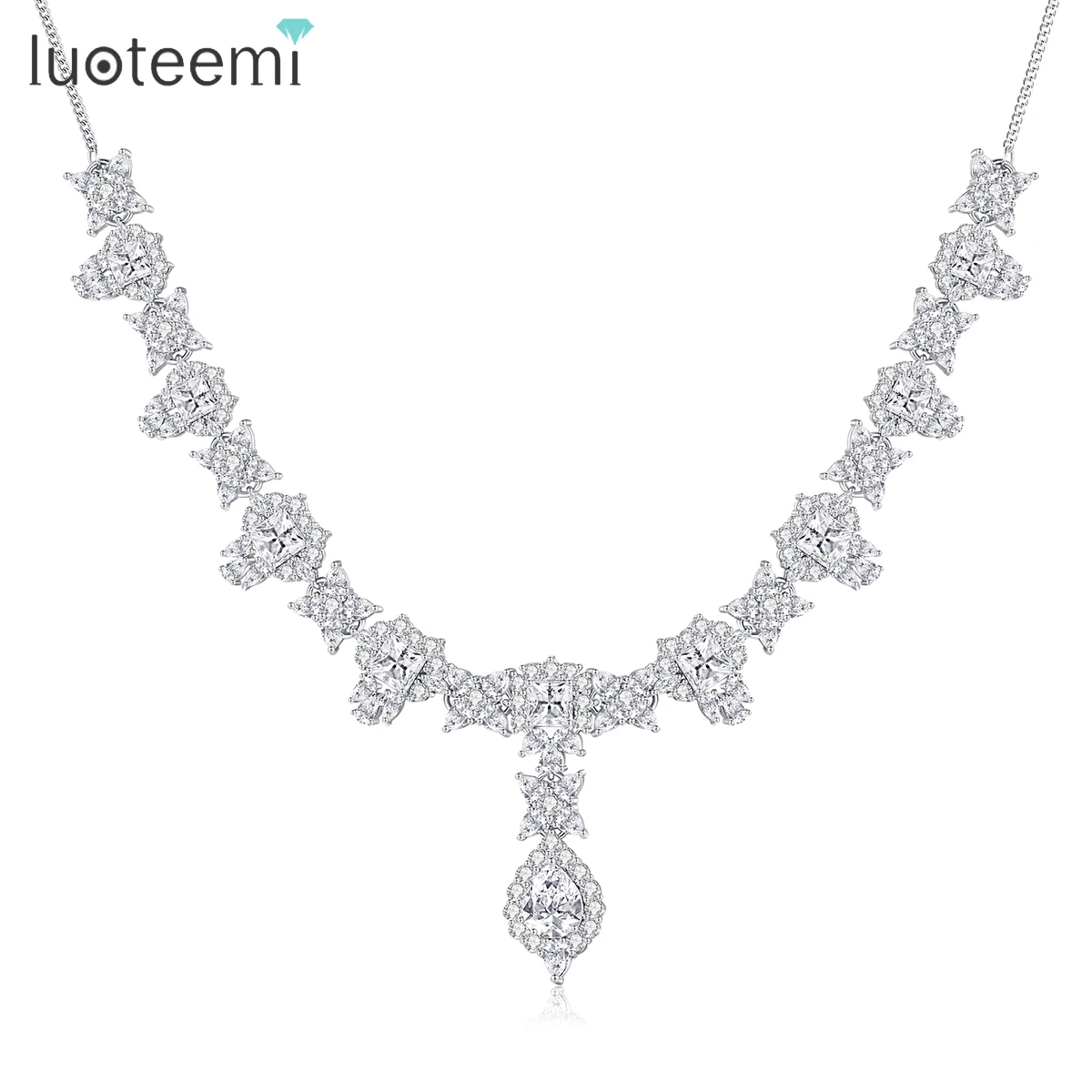 LUOTEEMI Luxury Cubic Zirconia Waterdrop Flower Bride Necklace Wedding Dress Bridal Necklace Stunning CZ Wife Christmas Gifts