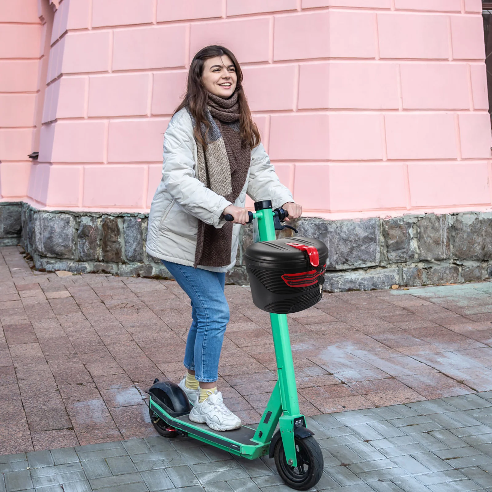 

Red Bike Front Frame Storage Basket Large Capacity Lid Antitheft Lock Durable Plastic Outdoor Use Electric Storage Basket