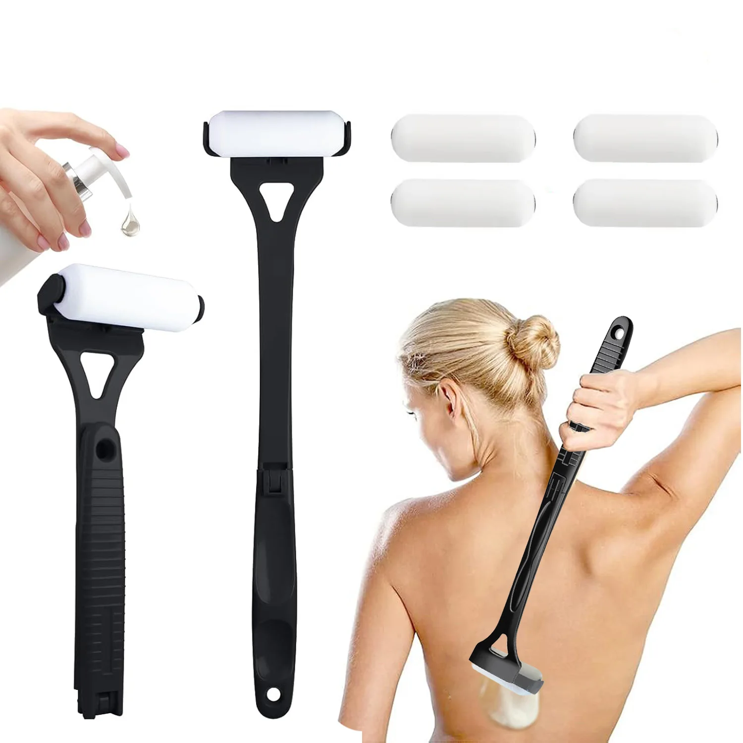 

Portable Lotion Applicator Sunscreen Tanning Stick with Long Handle Foldable Back Applicator Replacement Heads