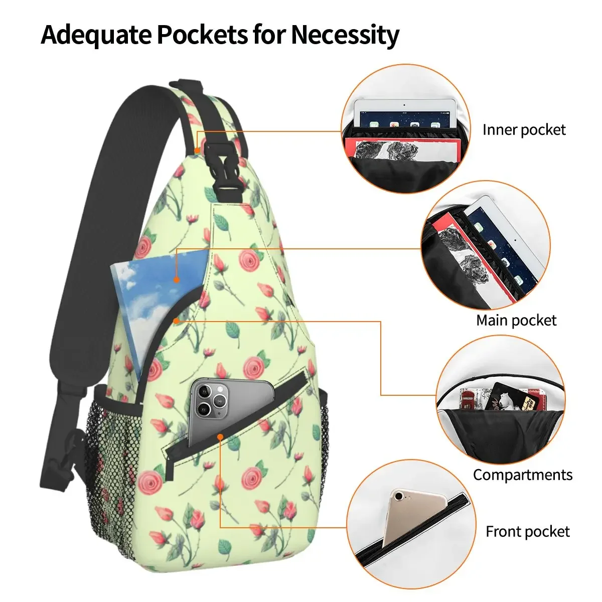 Green With Flowers Small Sling Bags Chest Crossbody Shoulder Sling Backpack Outdoor Hiking Daypacks Pink Flower Men Women Pack