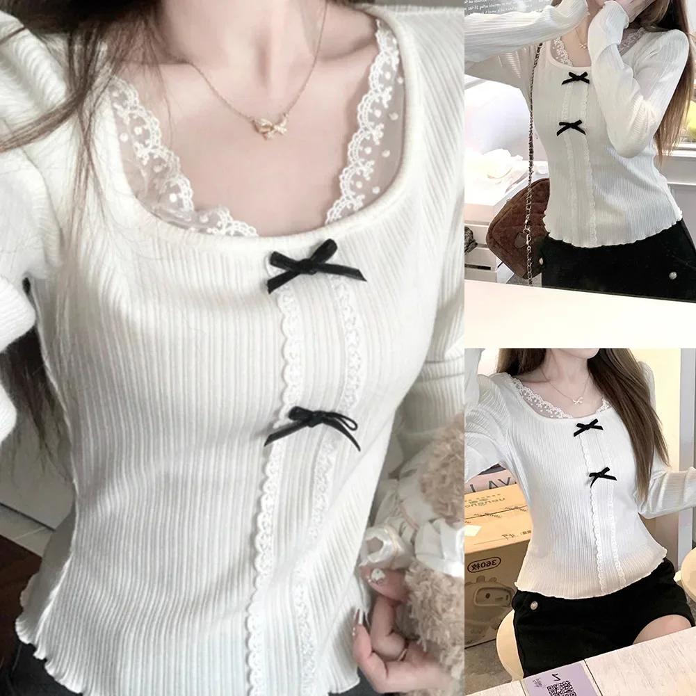 スクエアネック リボン ファッション Tシャツ カジュアル お出かけ 微弾性 レギュラー丈 オールシーズン カジュアルスタイル 日常着