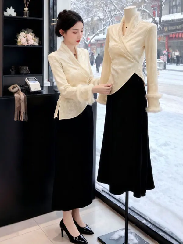 

Корейская женская блузка с высокой талией и асимметричным V-образным вырезом, модная, уникальная, индивидуальная, Зима 2025