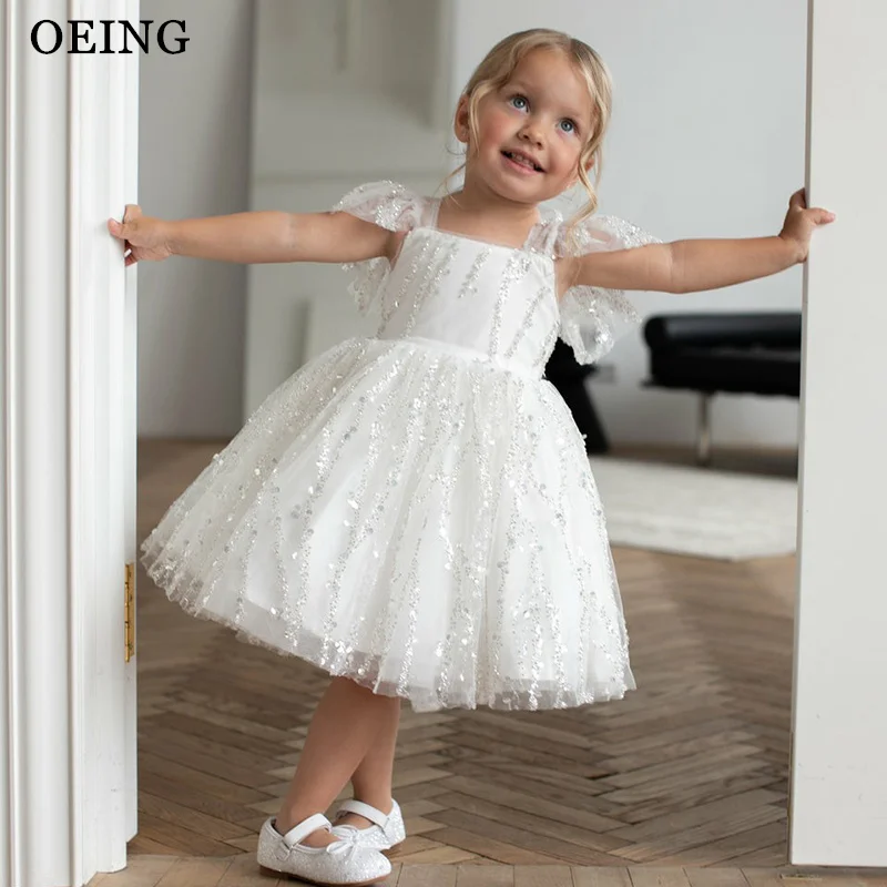 

OEING Cute A-Line Flower Girl Dresses Princess Ivory Ruffle Sleeves Wedding Party Dress Sequined Girl Birthday Dress Customized